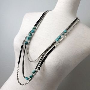 3 Strand Silver & Turquoise Long Chain Necklace With Black Suede Inserts